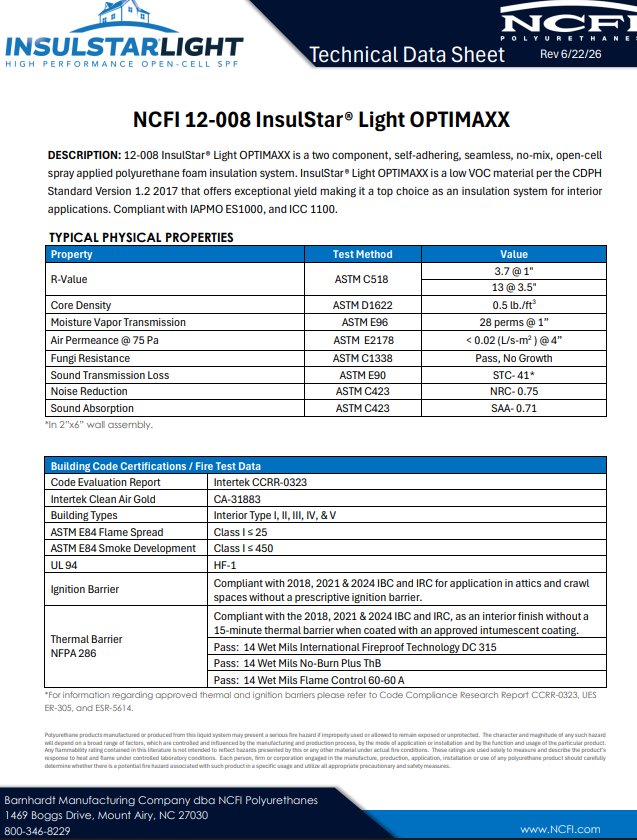 NCFI-12-008-InsulStarLight Technical Data Sheet (TDS)