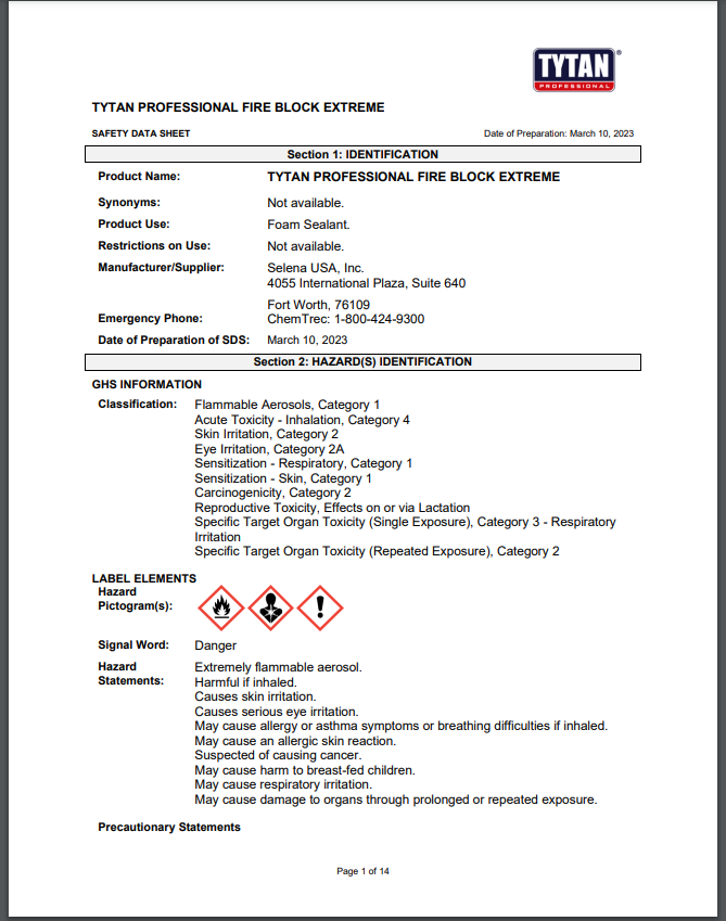 Tytan Fire Block Extreme Safety Data Sheet (SDS)