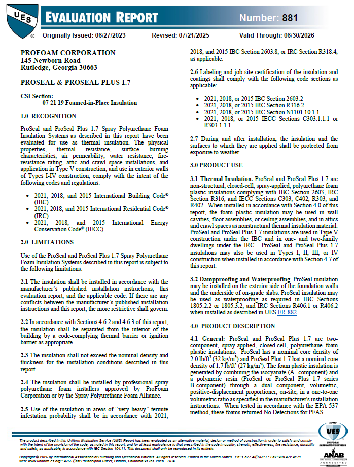 Profoam ProSeal & ProSeal Plus 1.7# Evaluation Report 0881