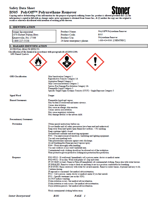 Stoner B505 PolyOff Polyurethane Remover Safety Data Sheet (SDS)