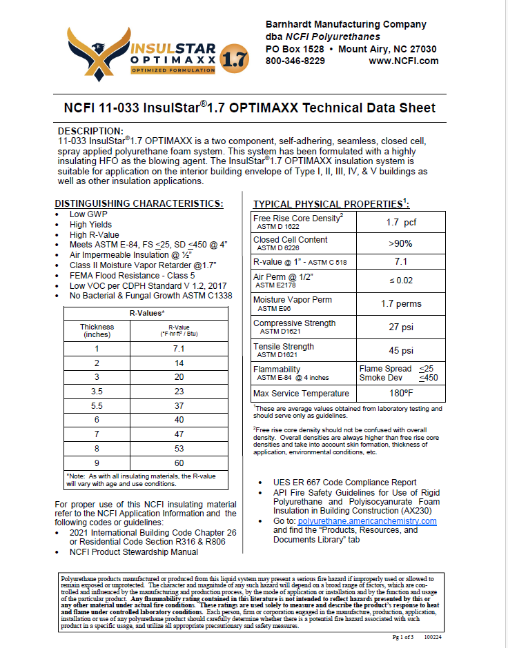 NCFI 11-033-InsulStar Optimaxx 1.7 Technical Data Sheet (TDS)