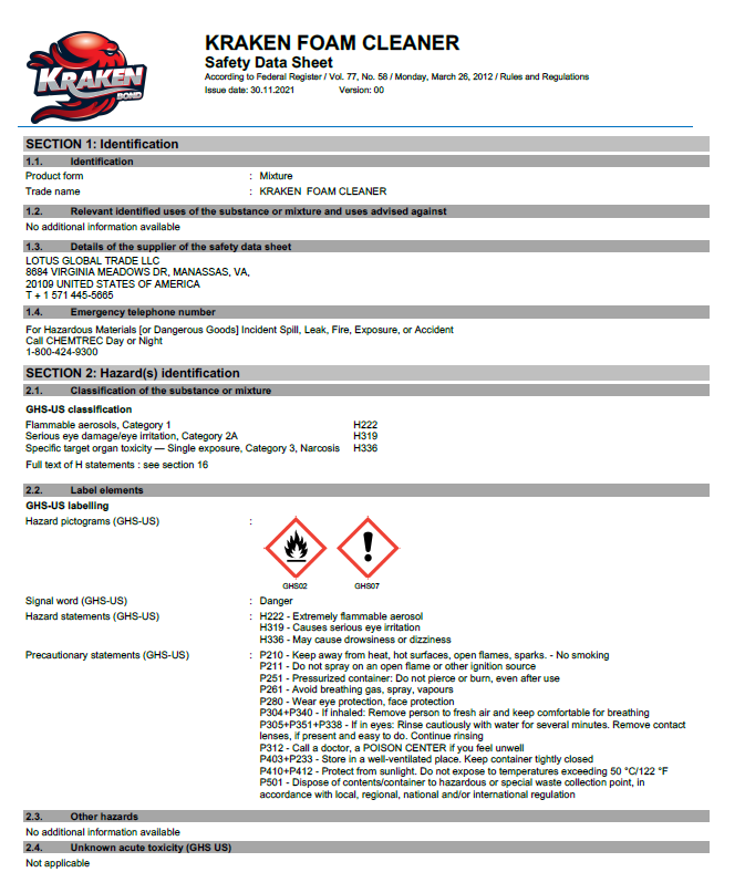 Kraken Bond Foam Cleaner Safety Data Sheet (SDS)