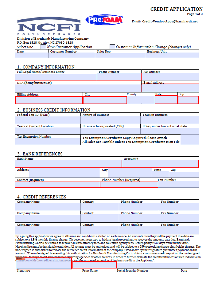 NCFI-PROFOAM New Customer Information Form