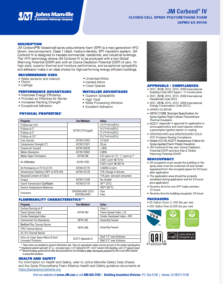 JM Corbond IV Closed Cell HFO Spray Polyurethane Foam Technical Data Sheet (TDS)