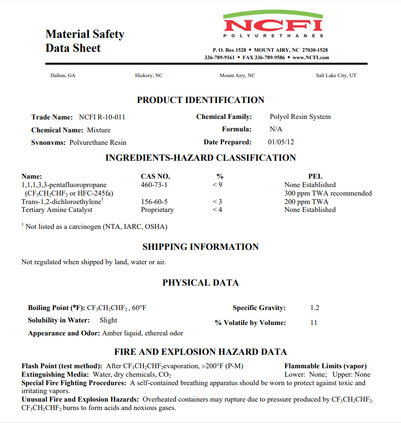 NCFI 10-011 Material Safety Data Sheet (SDS)