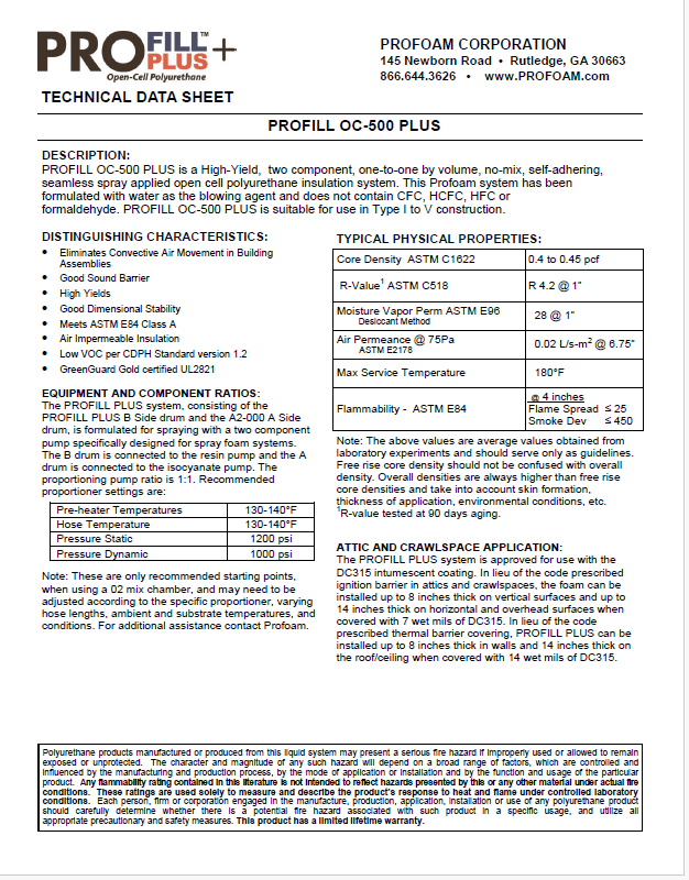 Profoam ProFill Plus High Yield Open Cell Technical Data Sheet (TDS)