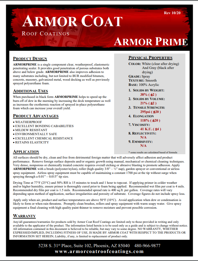 Armor Coat Armor Prime Technical Data Sheet (TDS)