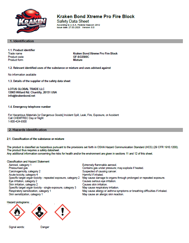 Kraken Bond Xtreme Pro Fire Block Safety Data Sheet (SDS)
