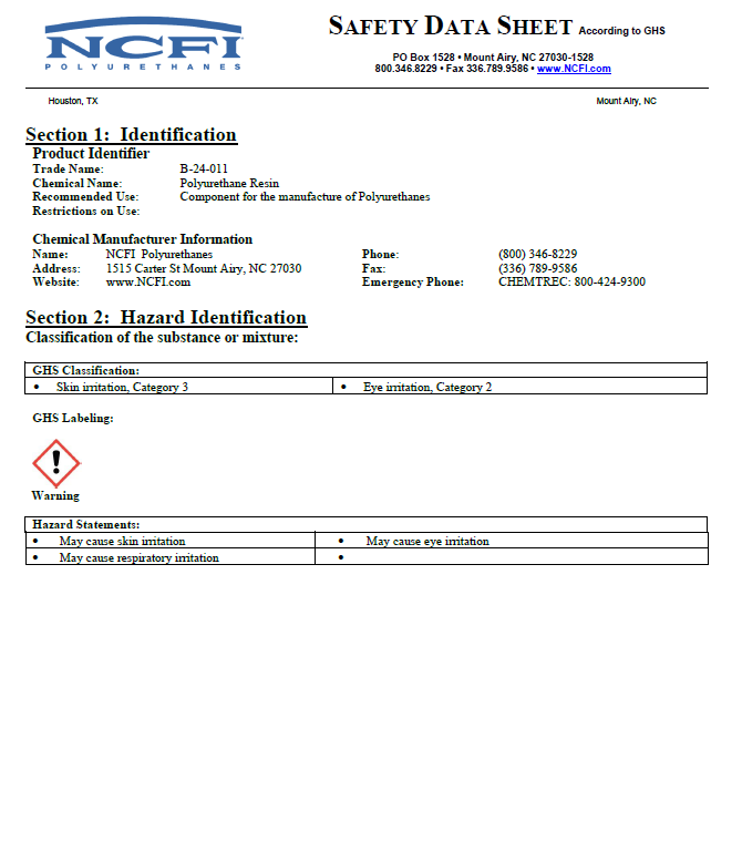 NCFI B-24-011 Safety Data Sheet (SDS)