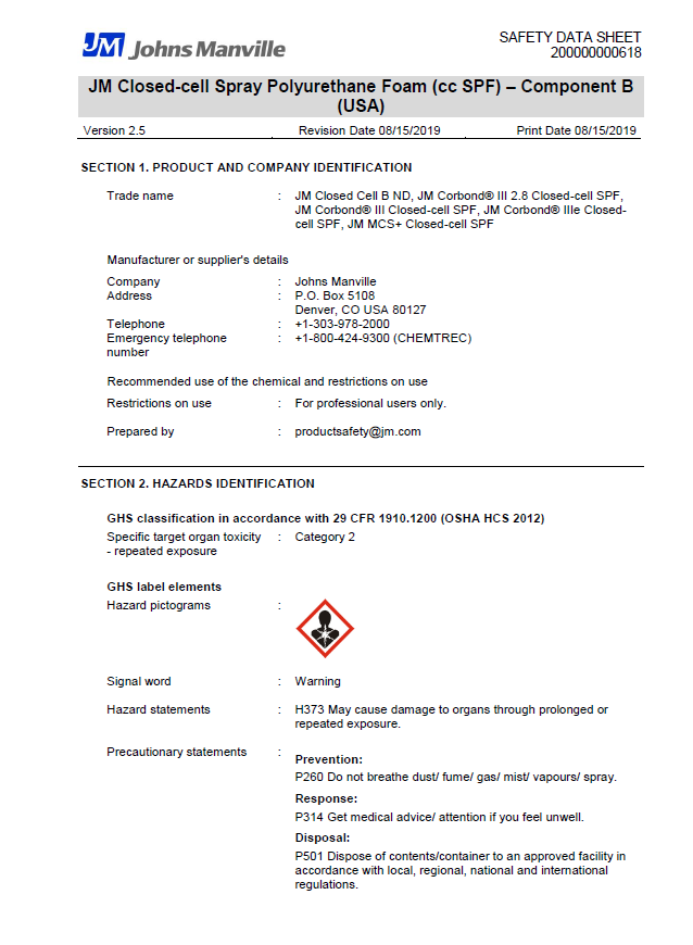 JM Corbond Closed Cell Spray Polyurethane Foam Safety Data Sheet (SDS)