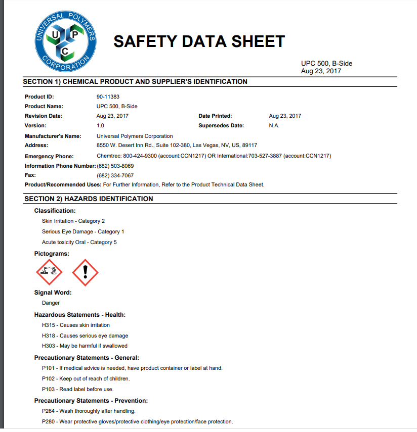 UPC 500 Classic B Side Safety Data Sheet (SDS)