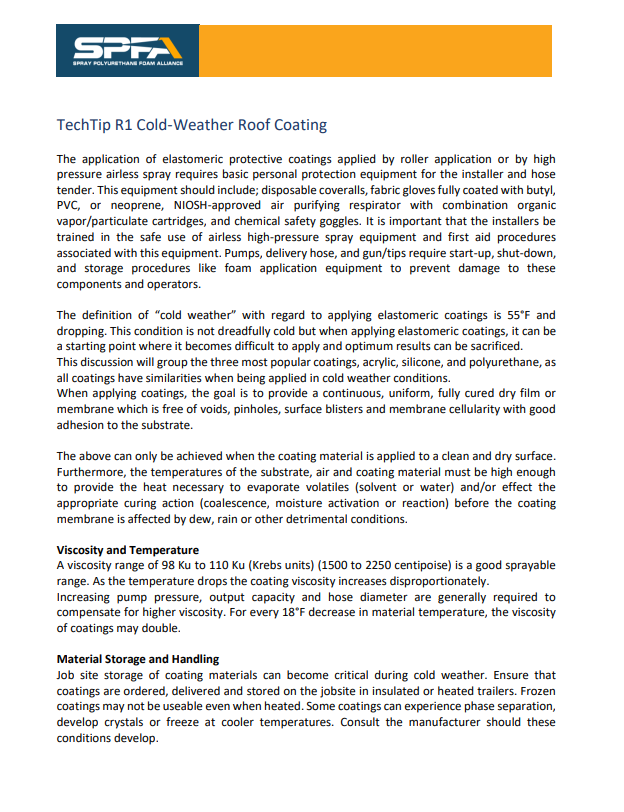 SPFA TechTip R1-Cold Weather Roof Coating