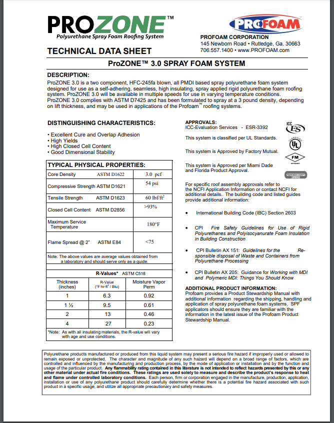 Profoam ProZone 3.0# Spray Foam Technical Data Sheet (TDS)