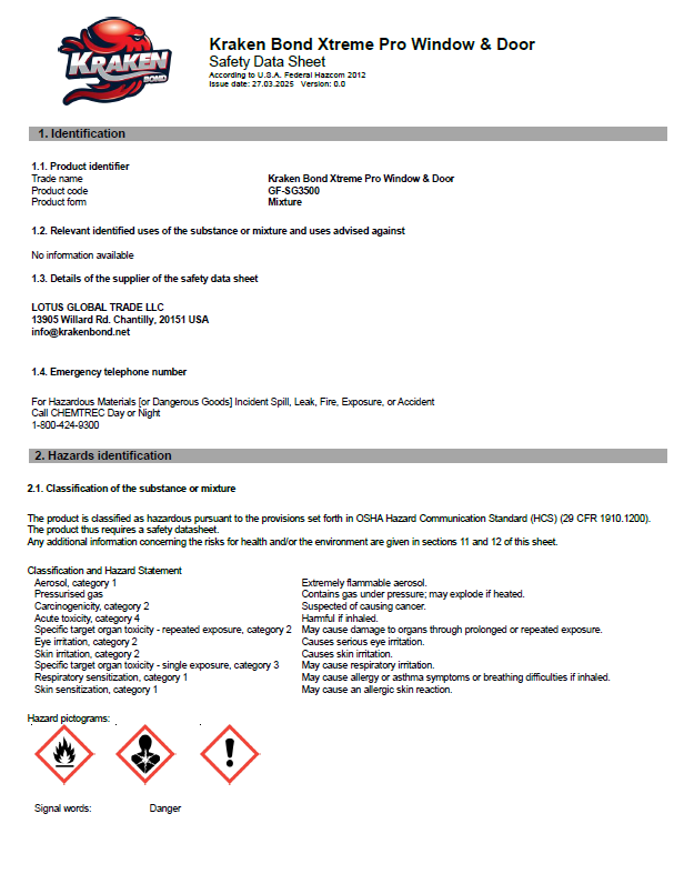 Kraken Bond Xtreme Pro Window & Door Safety Data Sheet (SDS)