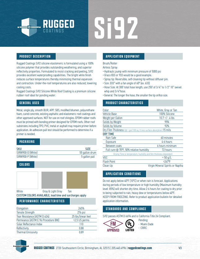 Rugged Coatings SI92 Technical Data Sheet (TDS) | Profoam | Profoam