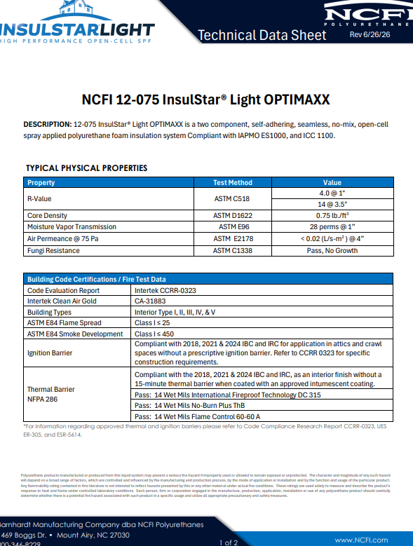 NCFI 12-075 InsulStar Light Optimaxx Technical Data Sheet (TDS)