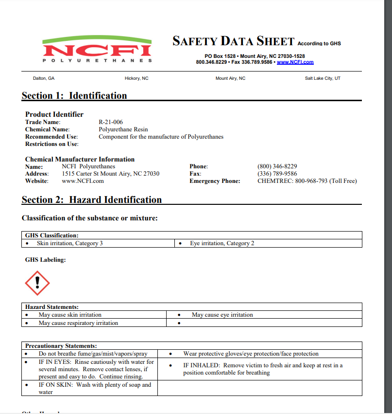 NCFI 21-006 Safety Data Sheet (SDS)