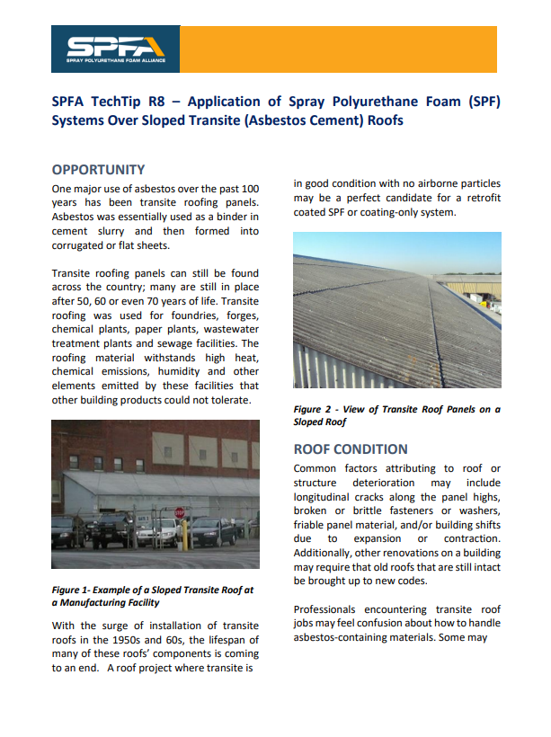 SPFA TechTip R8-Application Of SPF Systems Over Sloped Transite Roofs