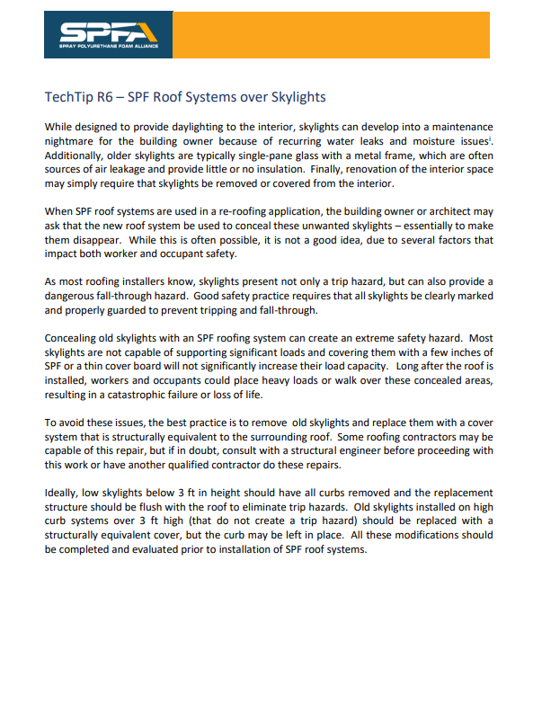 SPFA TechTip R6-SPF Roof Systems Over Skylights