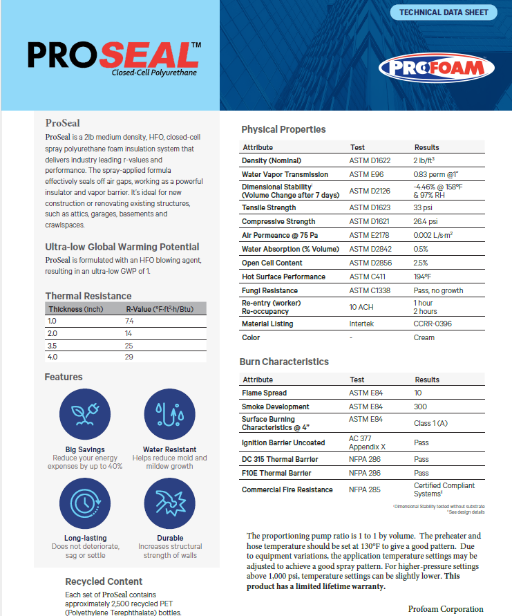 Profoam ProSeal 2# HFO Technical Data Sheet (TDS)