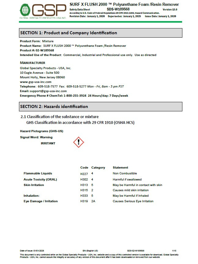 GSP Surf X Flush 2000 Safety Data Sheet (SDS)