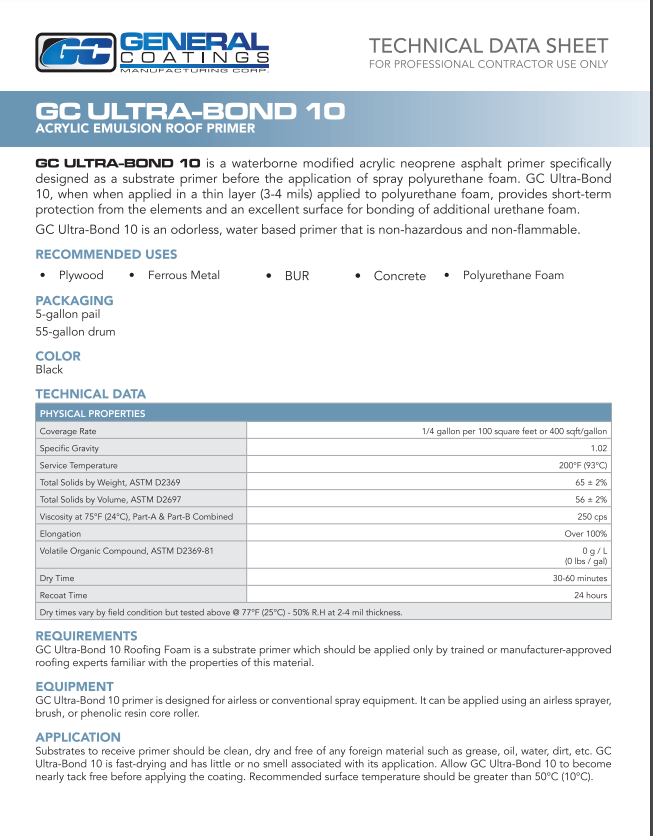 General Coatings Ultra Bond 10 Technical Data Sheet (TDS) | Profoam