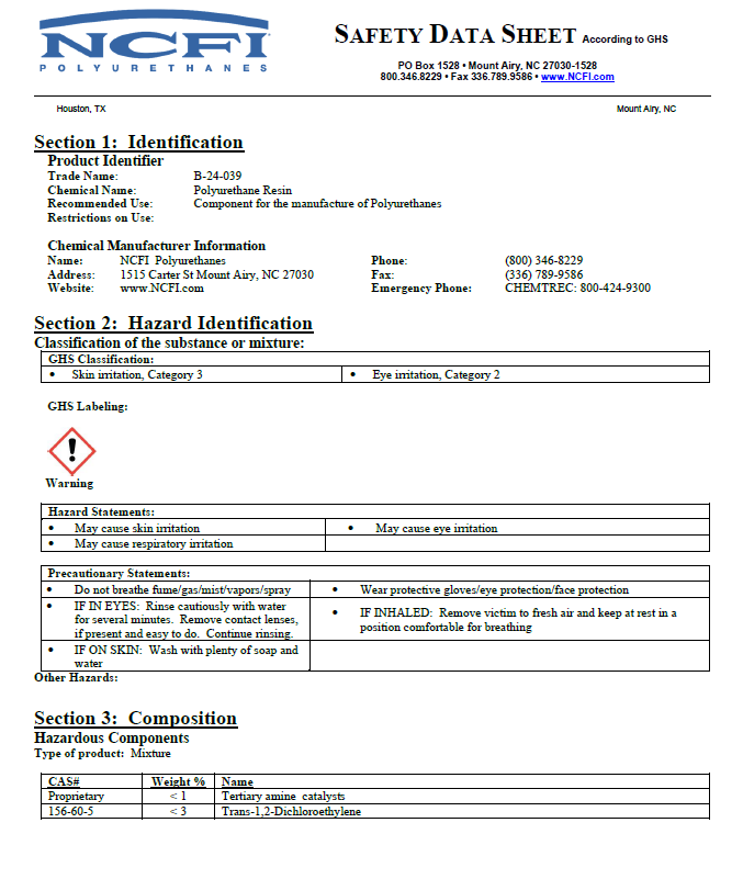 NCFI B-24-039 Safety Data Sheet (SDS)