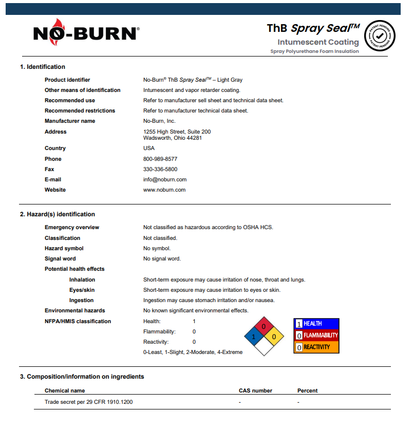 No-Burn ThB Spray Seal Safety Data Sheet (SDS)
