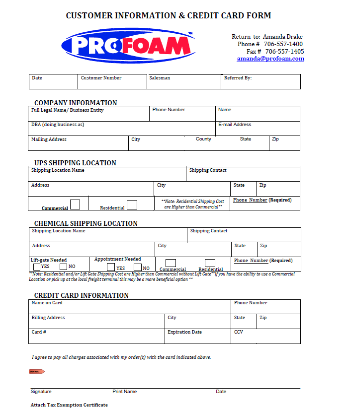 Profoam New Customer Information and Credit Card Sheet