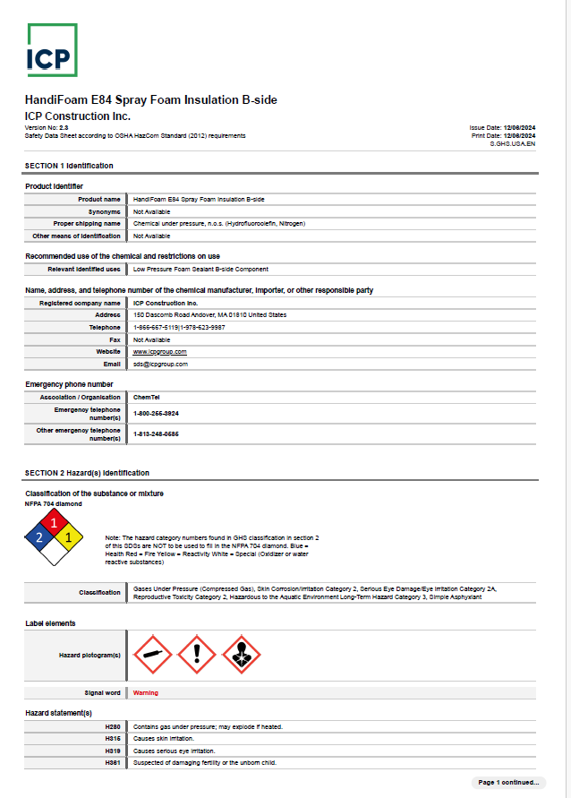 Handi-Foam E84 Spray Foam Insulation B Side Safety Data Sheet (SDS)