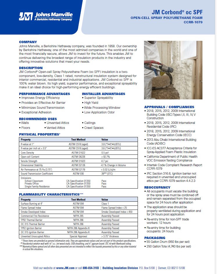 JM Corbond Open Cell Spray Polyurethane Foam Technical Data Sheet (TDS)