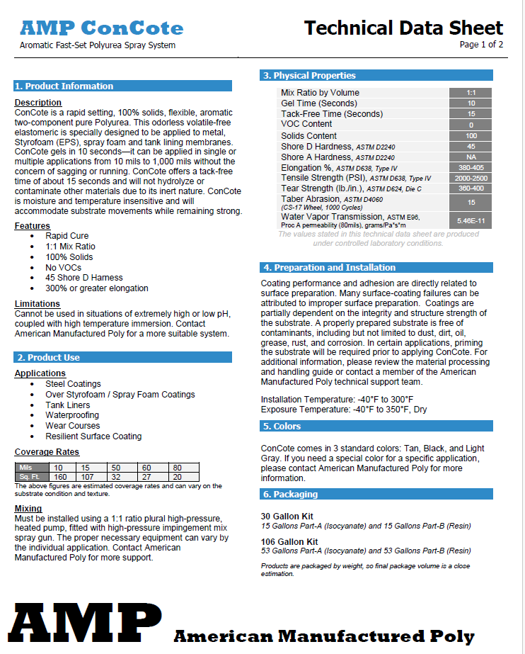 AMP ConCote Polyurea Technical Data Sheet (TDS)