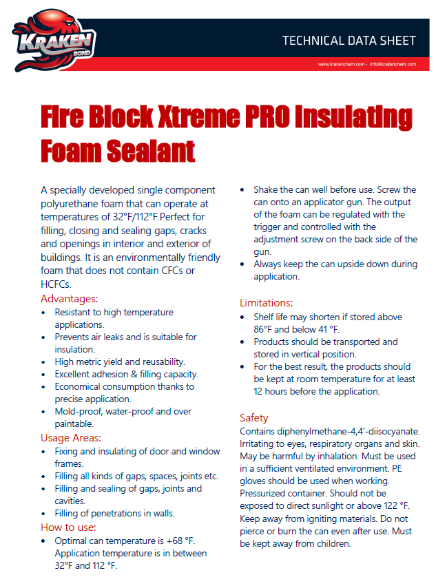 Kraken Bond Xtreme Pro Fire Block Technical Data Sheet (TDS)