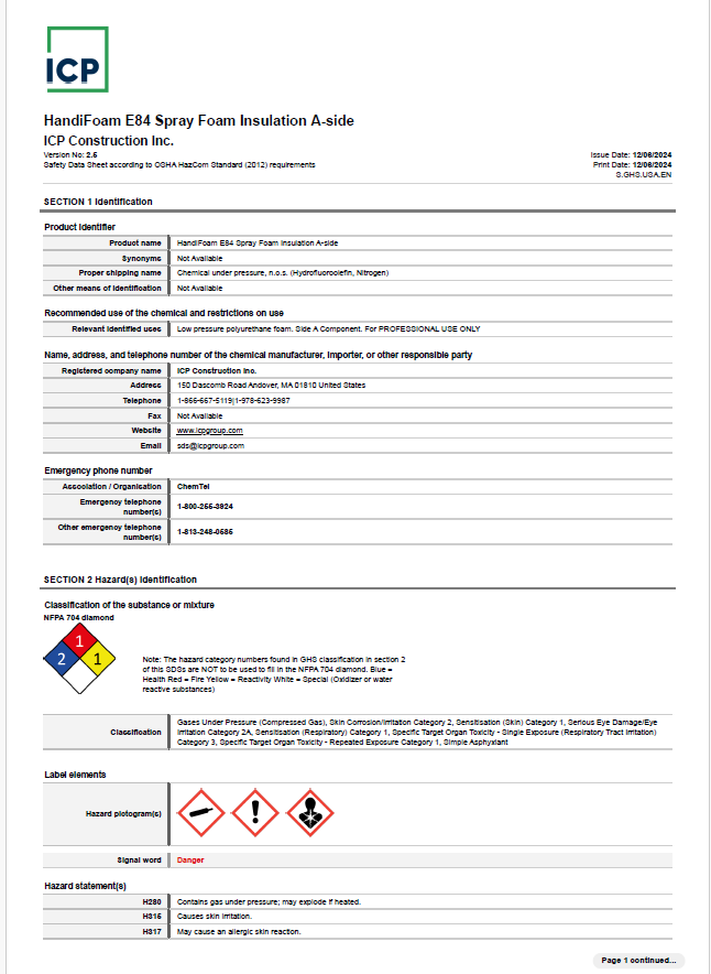 Handi-Foam E84 Spray Foam Insulation A Side Safety Data Sheet (SDS)