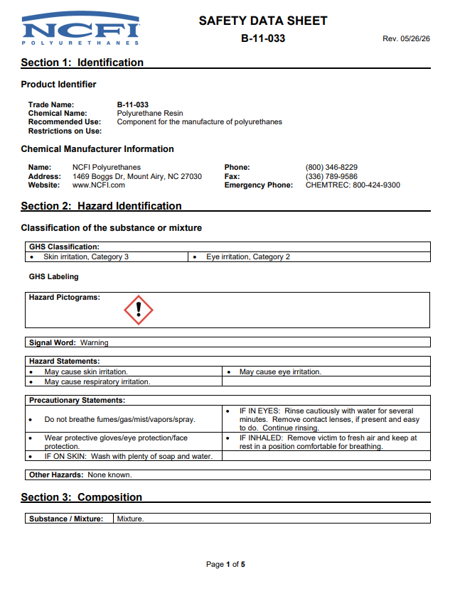 NCFI B-11-033 Optimaxx Safety Data Sheet (SDS)