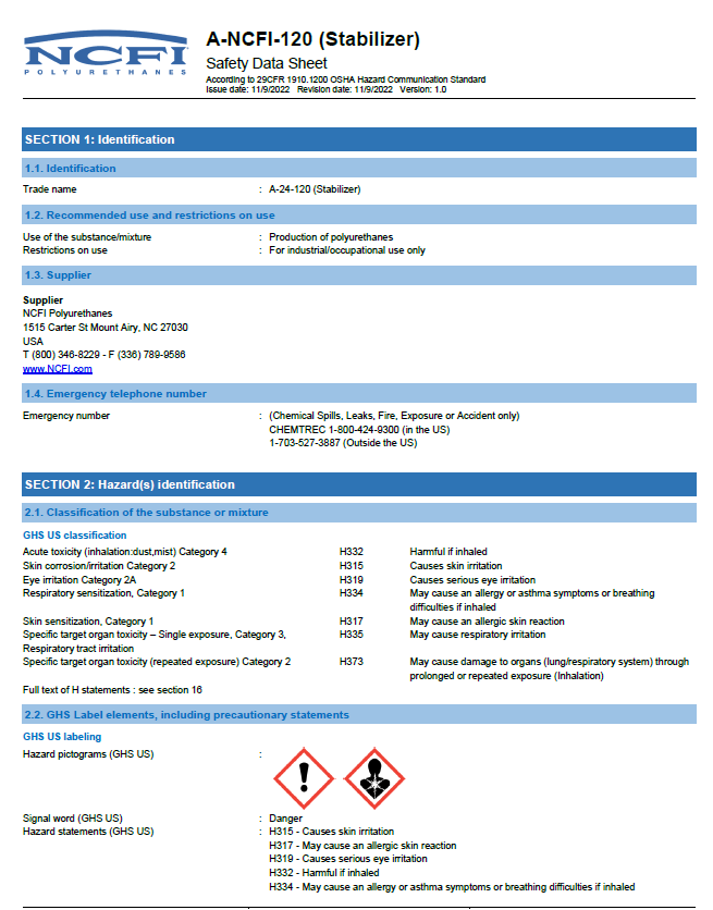 NCFI A-24-120 Stabilizer Safety Data Sheet (SDS)