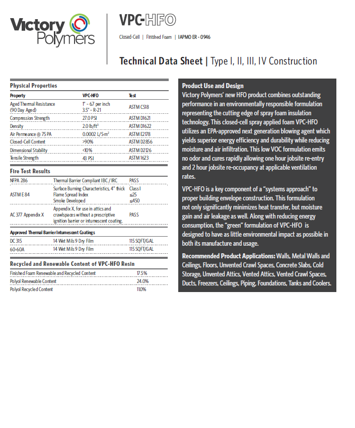VPC HFO Spray Foam Technical Data Sheet (TDS)
