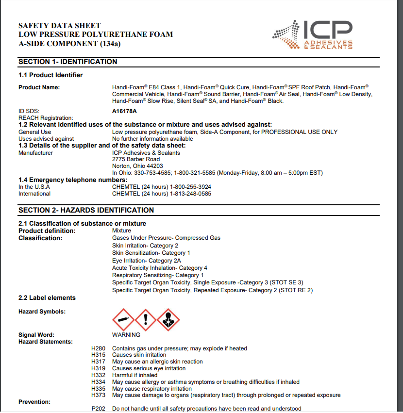 Handi-Foam Low Pressure A Side Safety Data Sheet (SDS)
