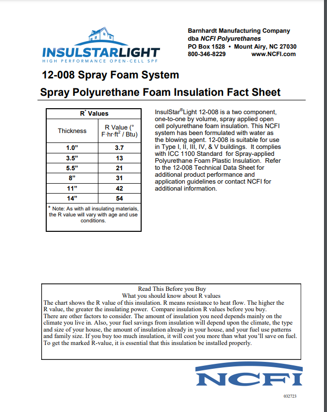 NCFI InsulStarLight 12-008 Fact Sheet