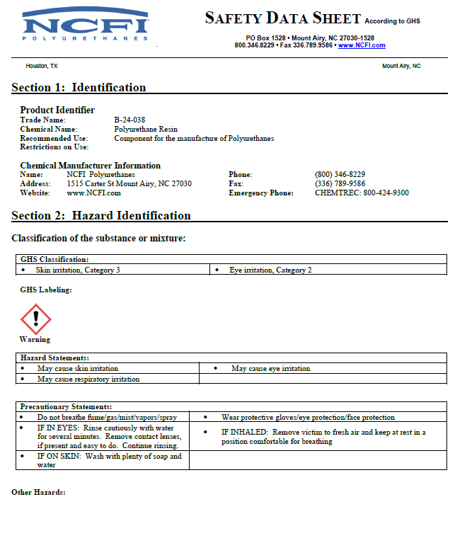 NCFI B-24-038 Safety Data Sheet (SDS)