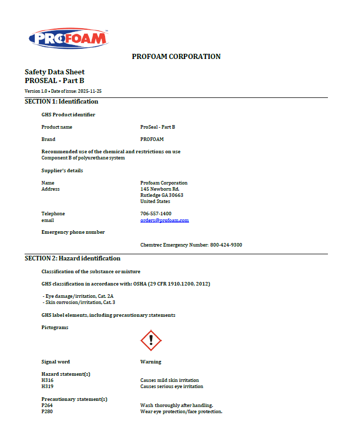Profoam ProSeal B Side Safety Data Sheet (SDS)