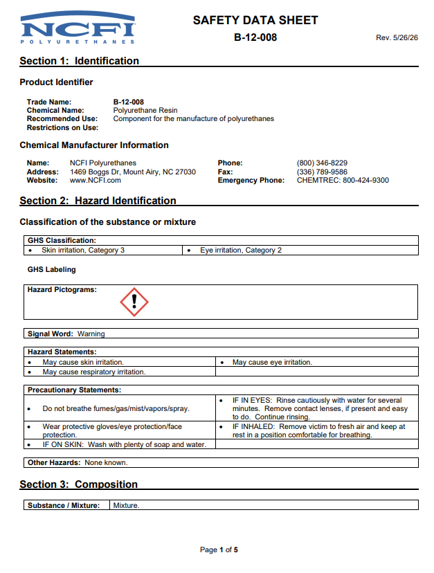 NCFI B-12-008 Safety Data Sheet (SDS)