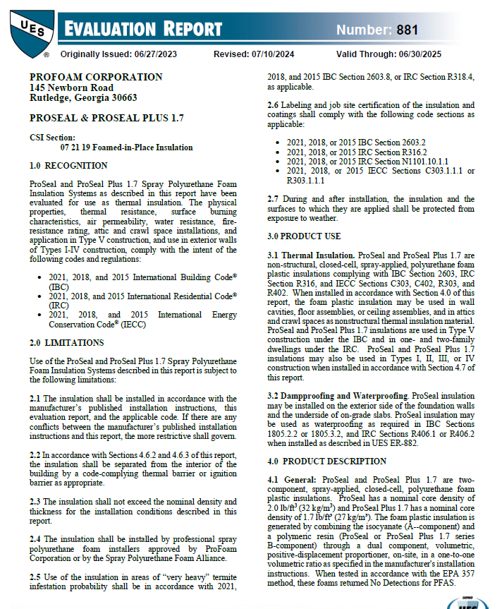 Profoam ProSeal & ProSeal Plus 1.7# Evaluation Report 0881