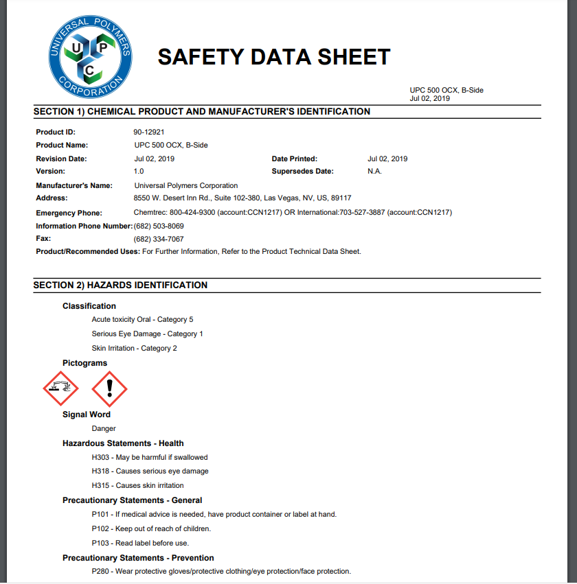 UPC 500 OCX Appendix X Open Cell B Side Safety Data Sheet (SDS)