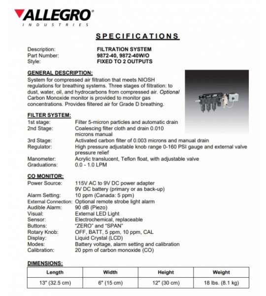 Allegro Wall-Air Two Worker Filtration Panel w/ CO Monitor