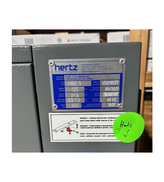 Used Hertz HBD 5 Air Compressor, 230 Volt, 7.5 hp-SN: VD019037