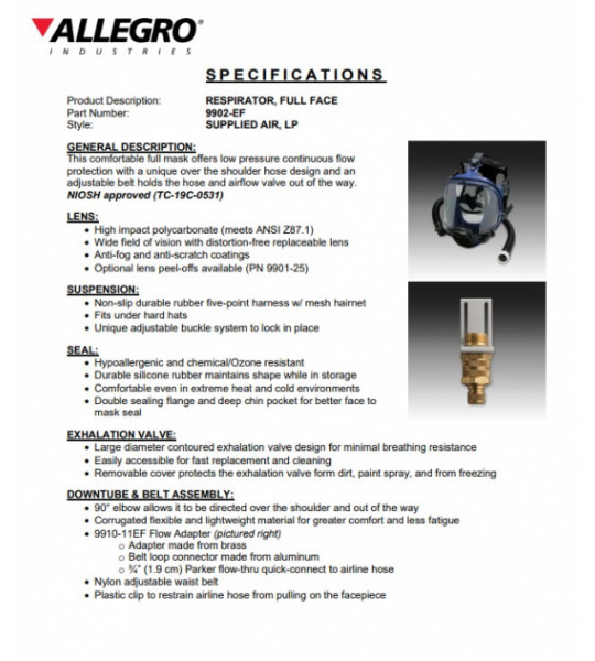Allegro Full Mask Respirator w/ Low Pressure Cold Flow Adapter